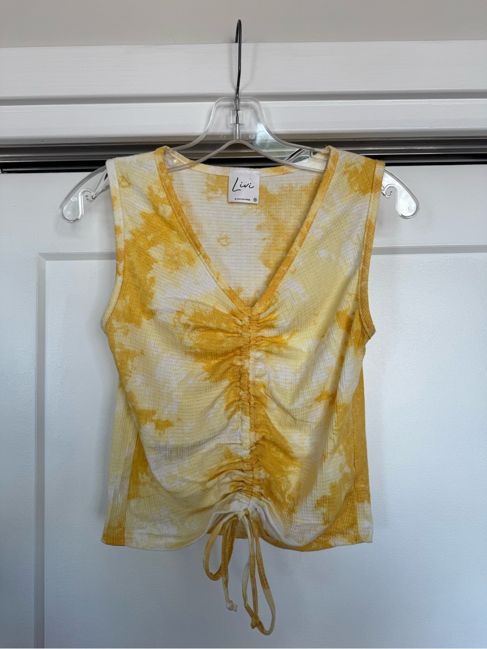 Olivia Rae Yellow Tie-Dye Ruched V-Neck Tank